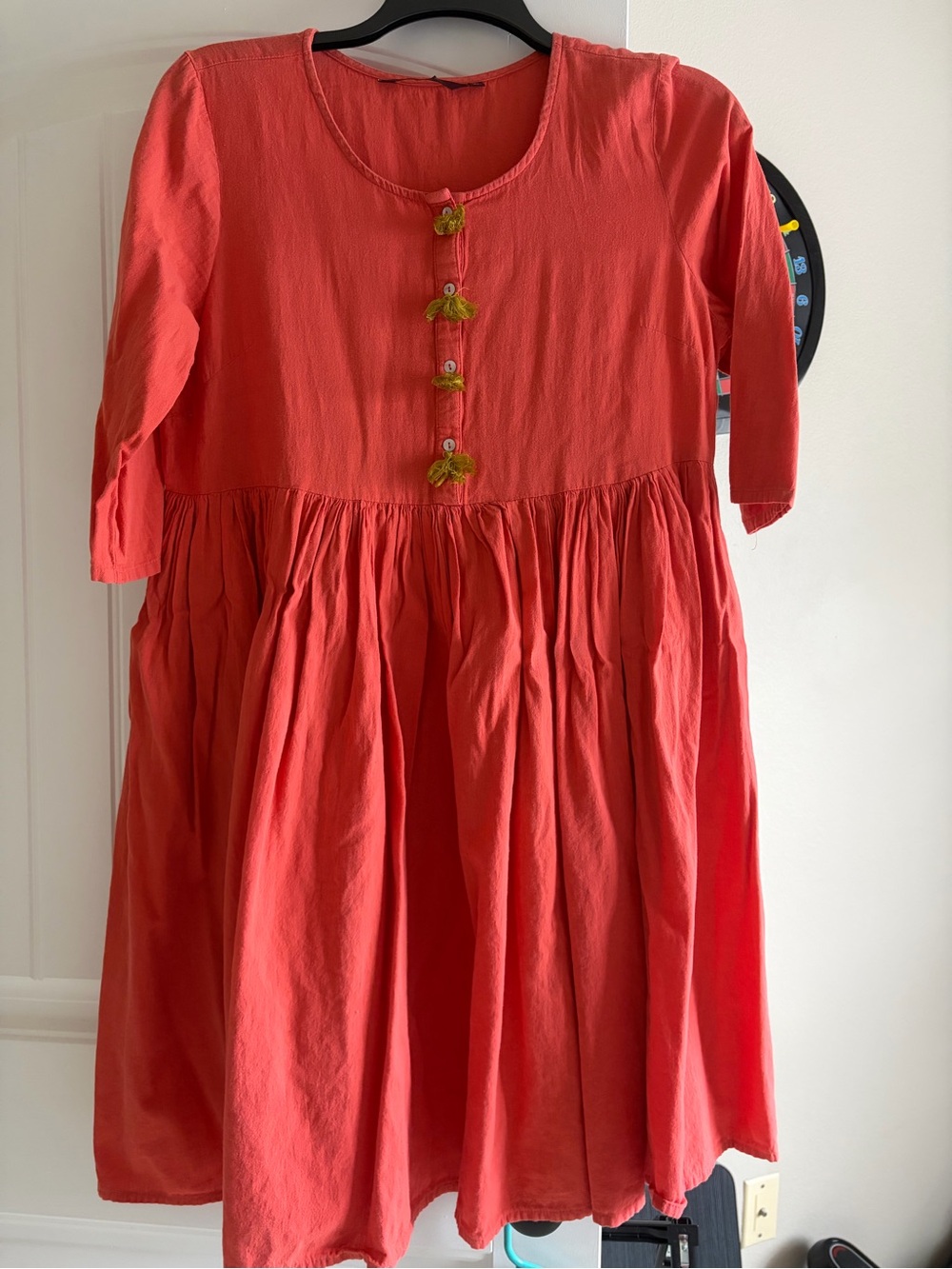 Sangria Coral Midi Dress with Green Button Accents